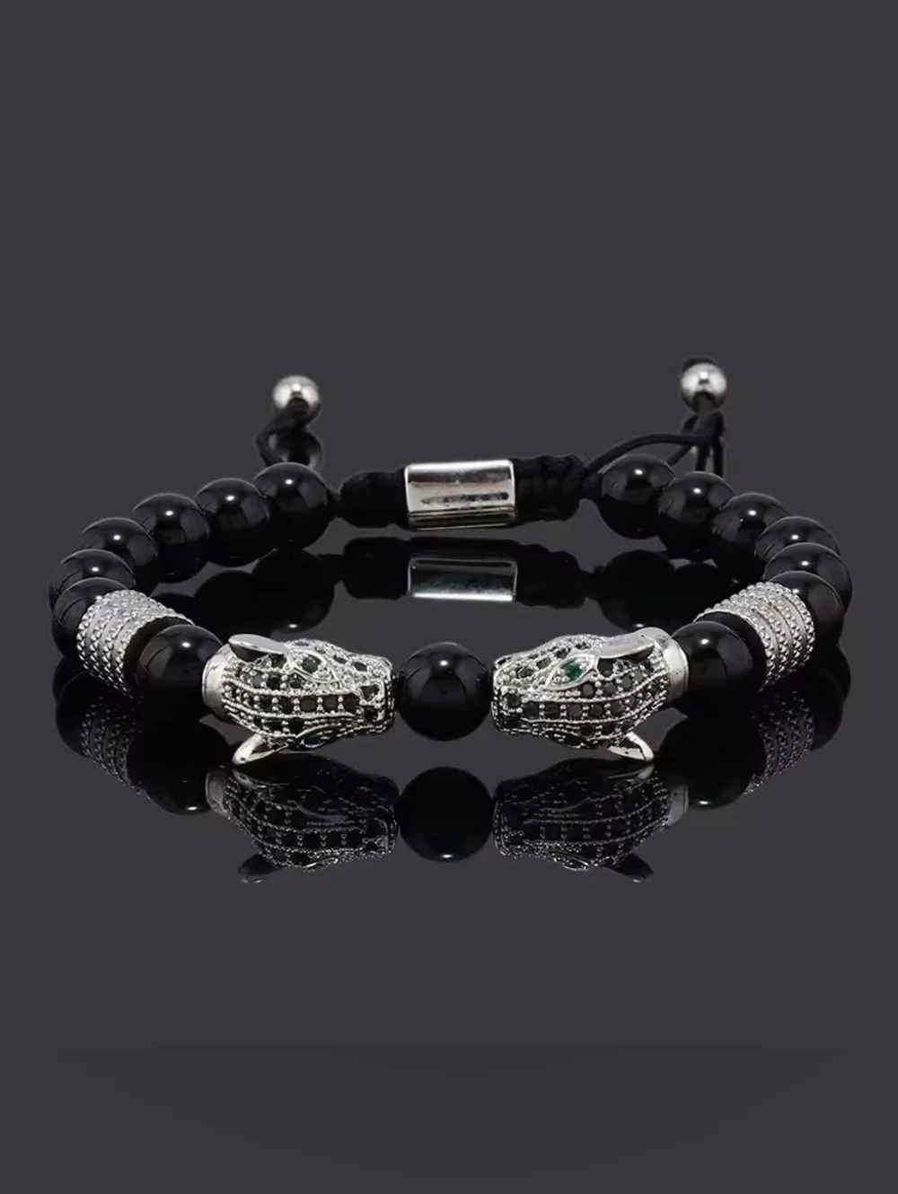 Men's Black Beaded Bracelet with Silver Panther Heads